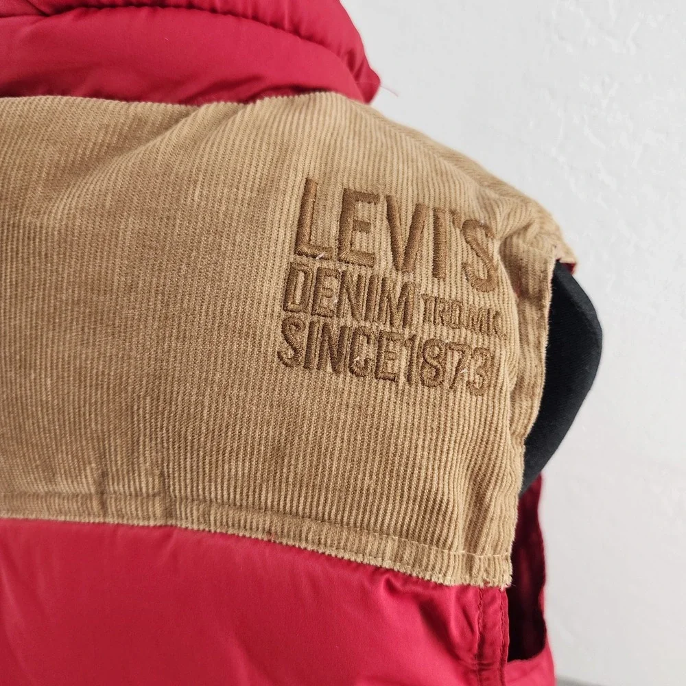 Levis Kids Red Puffer Vest Corduroy Yoke Western Gorpcore Medium 10-12